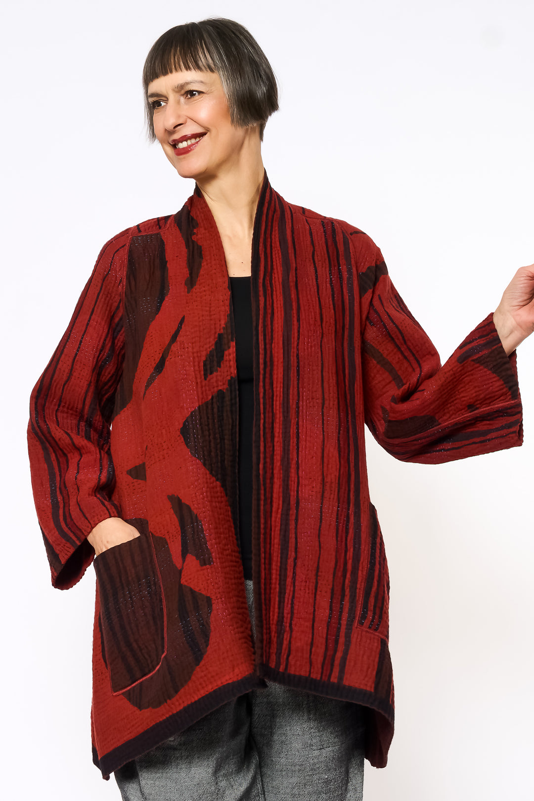OVERDYED STRIPE AND BENDS KANTHA A-LINE JACKET - ov-sb4003-red -