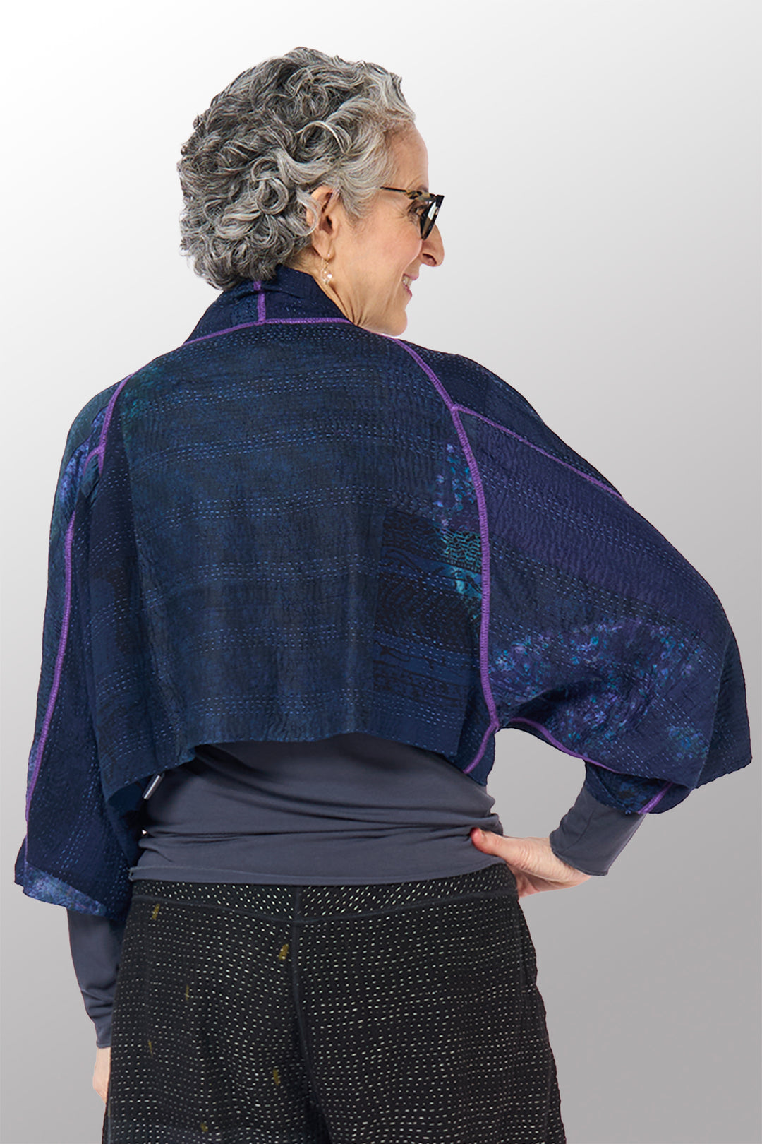 SHIBORI TIE DYE GEORGETTE VINTAGE SILK PATCH KANTHA PUFF SLV. SHRUG - st-gs2062-nvy -