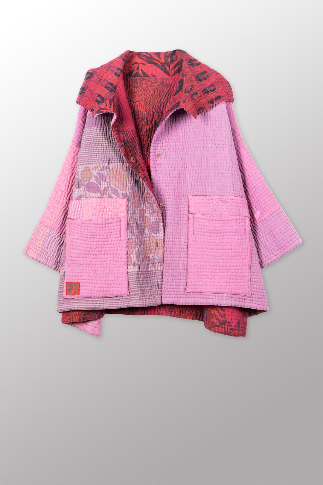 QUILTED OVERDYE COTTON KANTHA HOODIE PONCHO - oq5064-cred003a -