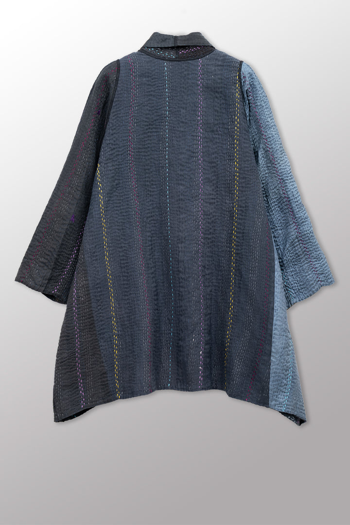 JEWEL WOVEN WITH VERTICAL PATCH KANTHA A-LINE JACKET - jv4003-blk -