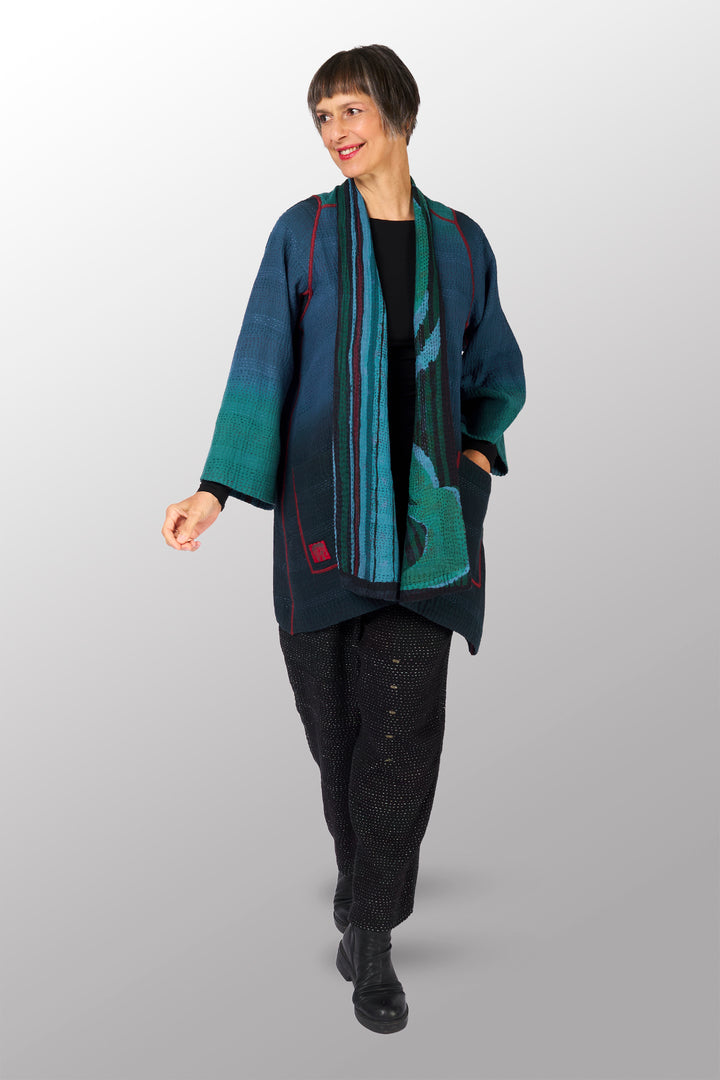 OVERDYED STRIPE AND BENDS KANTHA A-LINE JACKET - sb4003-blu -