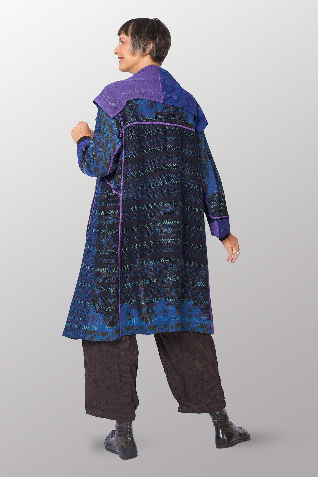 VINTAGE SILK GEORGETTE COTTON KANTHA A-LINE COAT - gc2309-0002a -
