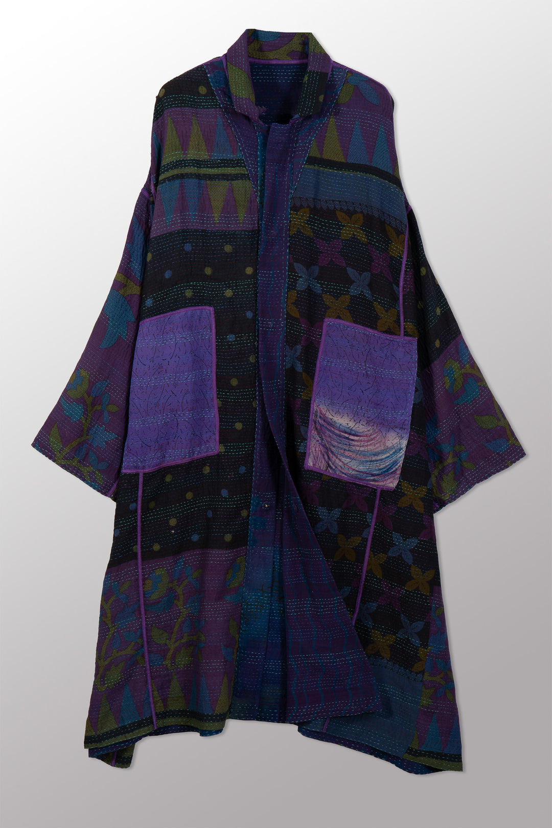 VINTAGE SILK GEORGETTE COTTON KANTHA NEW OVERSIZED COAT - gc2342-0003a -