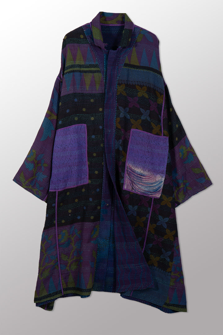 VINTAGE SILK GEORGETTE COTTON KANTHA NEW OVERSIZED COAT - gc2342-0003a -