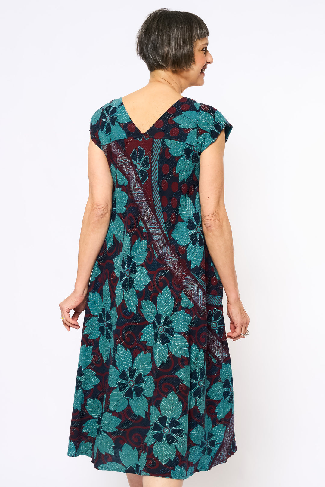 VINTAGE COTTON & NEW VOILE KANTHA CAP SLV. FLARE DRESS - cn2425-0007m -