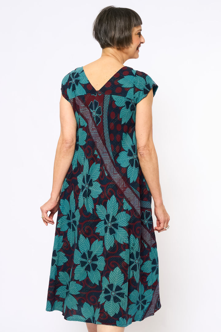 VINTAGE COTTON & NEW VOILE KANTHA CAP SLV. FLARE DRESS - cn2425-0007m -