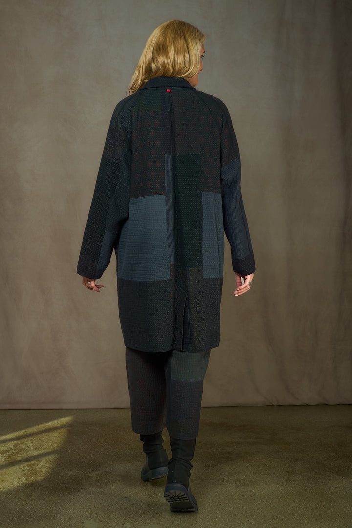 DENIM SUN-DYE KANTHA NEW RAGLAN SLEEVE COAT - ds3353-blk -