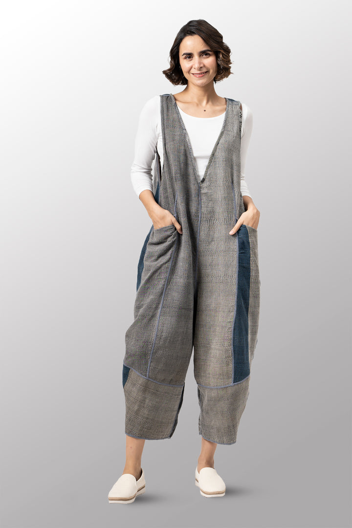 SP-FI2622-CGRYM @FRAYED PATCH KANTHA V-NECK JUMPER