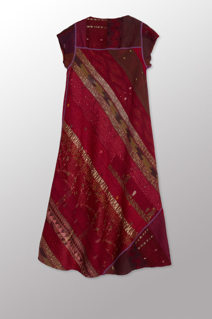 JEWEL WOVEN WITH VERTICAL PATCH KANTHA CAP SLV. SEMI FLARE DRESS - jv4452-red -