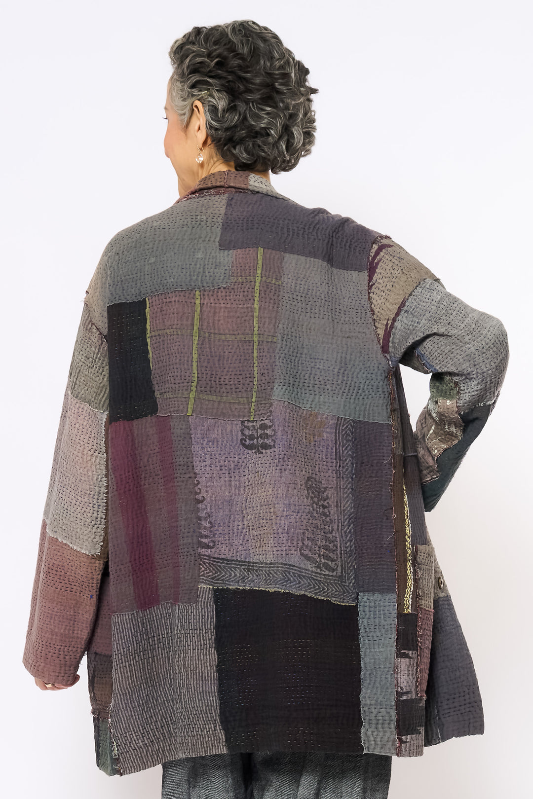 WOVEN IKAT & FRAYED PATCH KANTHA MEN'S JKT - wk4041-gry -