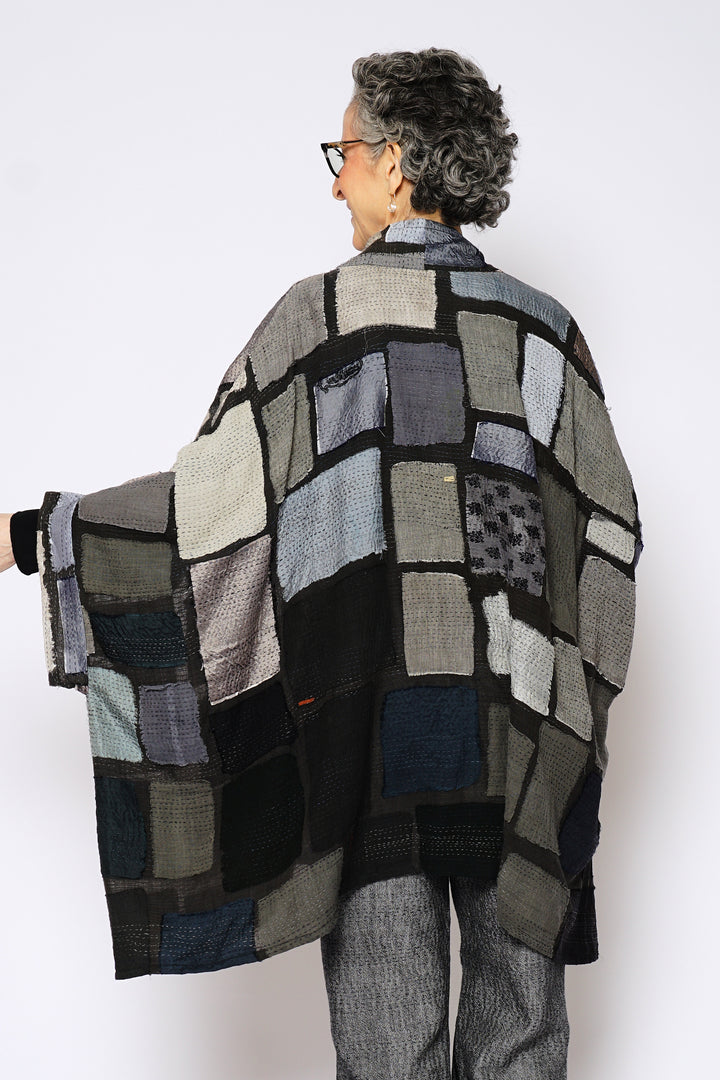 TONAL TILE PATCH KANTHA DOUBLE COLLAR PONCHO - tt2323-gry -
