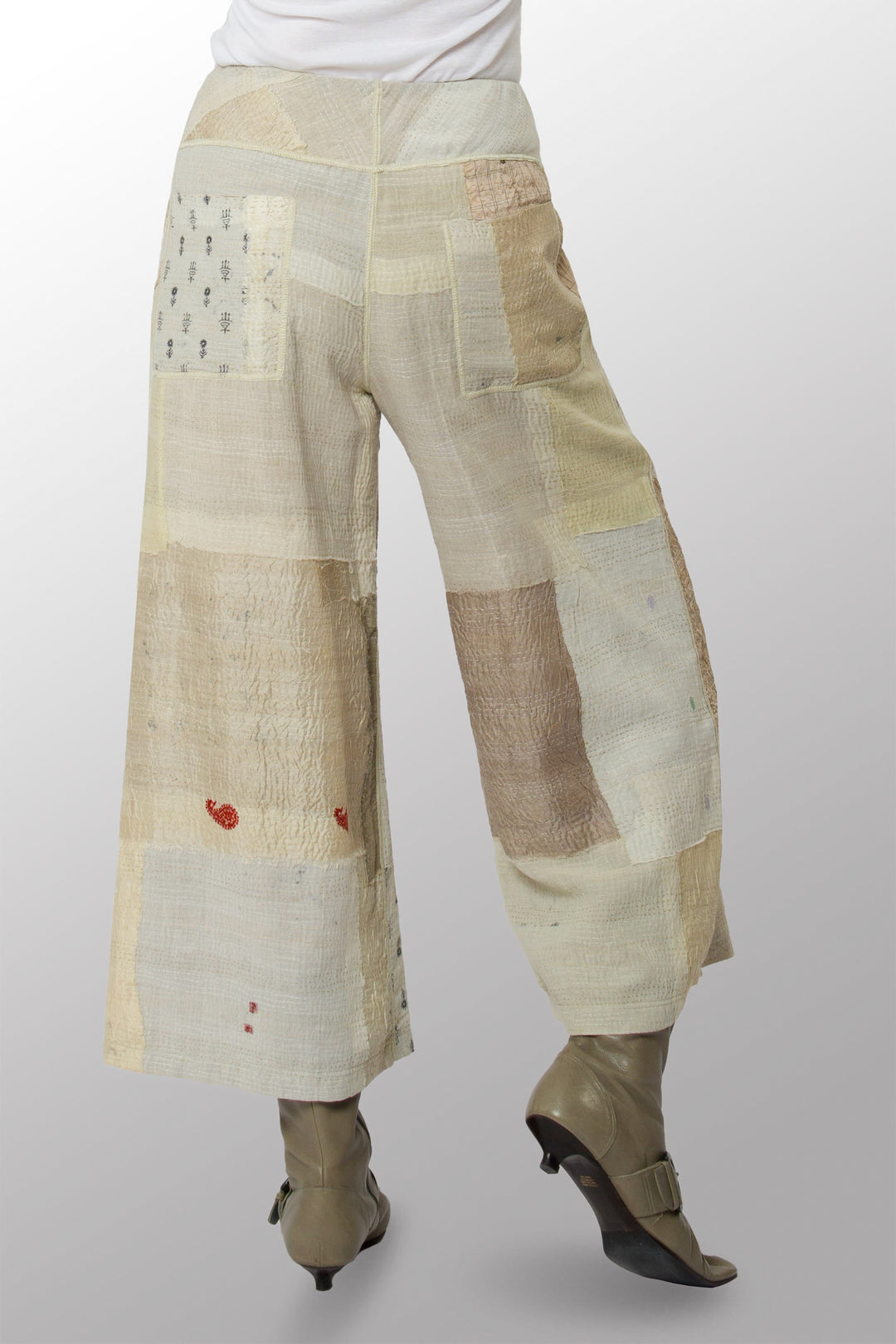 MOSAIC FRAY PATCH KANTHA MID RISE WIDE LEG PANTS - zb2665-ivy -
