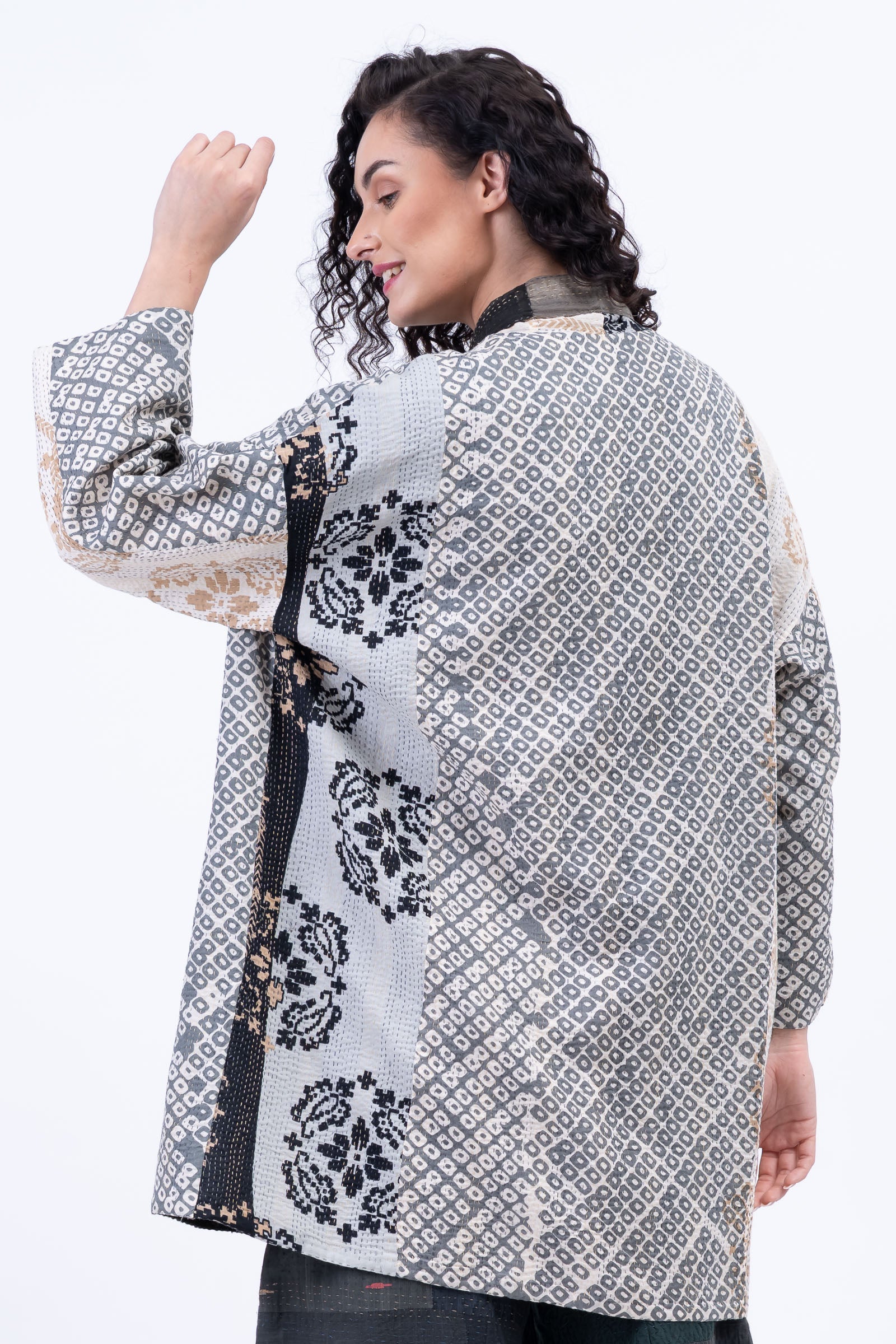 KIMONO COTTON KANTHA HAORI JACKET - kc2068-gry - – Mieko Mintz US