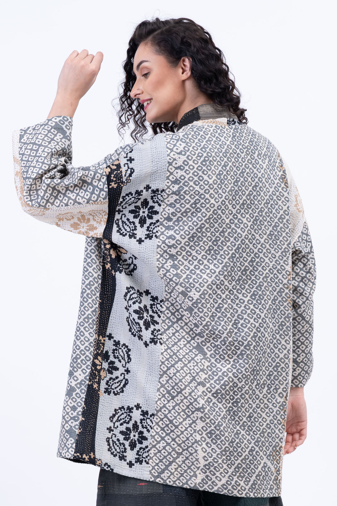 KIMONO COTTON KANTHA HAORI JACKET - kc2068-gry -