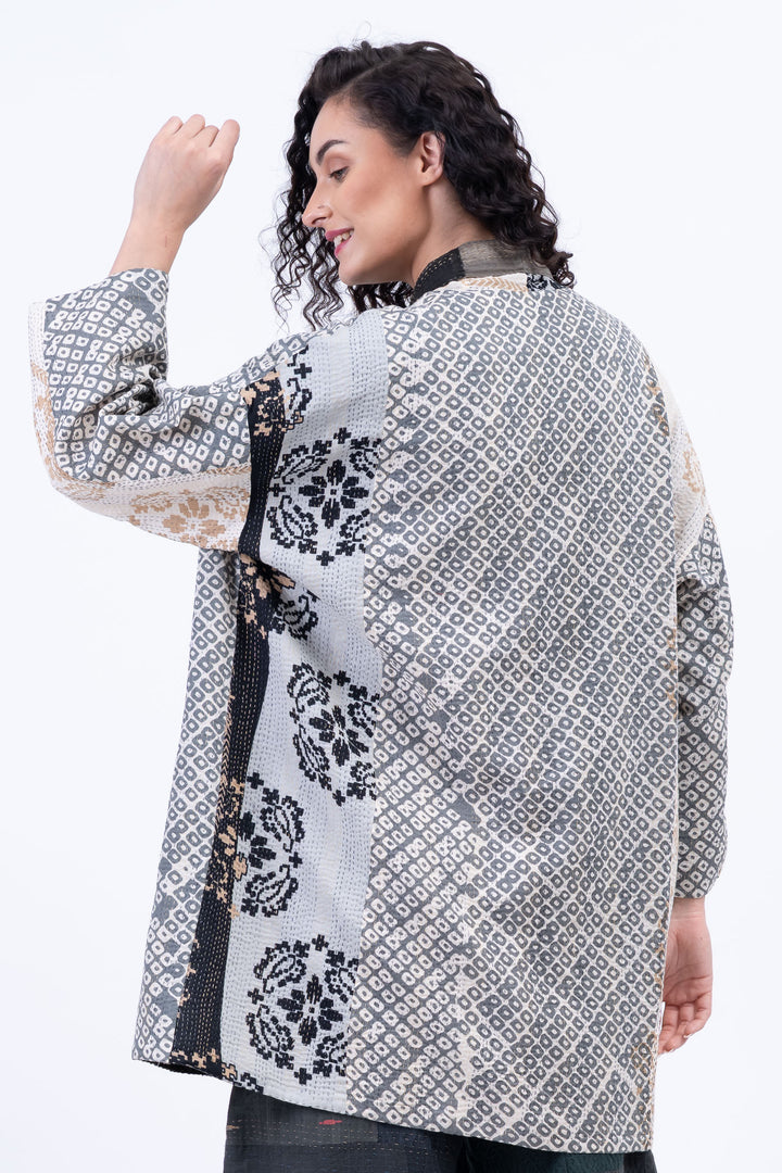 KIMONO COTTON KANTHA HAORI JACKET - kc2068-gry -