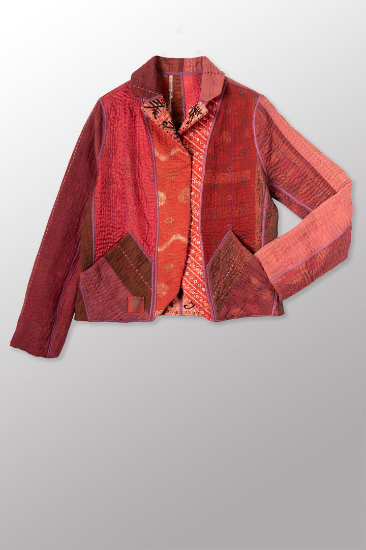 STRIPE RALLIS KANTHA CROPPED BASIC JACKET - pr4096-red -