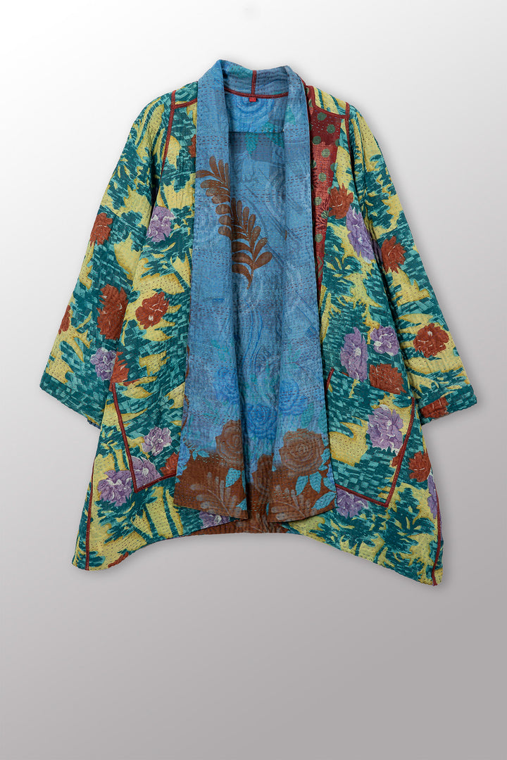 VINTAGE SILK GEORGETTE COTTON KANTHA A-LINE JACKET - gc4003-0005a -