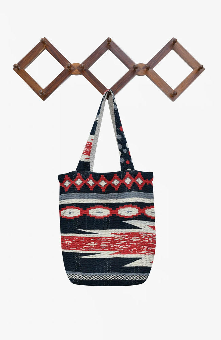 Monotone Ikat Handmade Vintage Kantha Tote Bag -Monotone Black