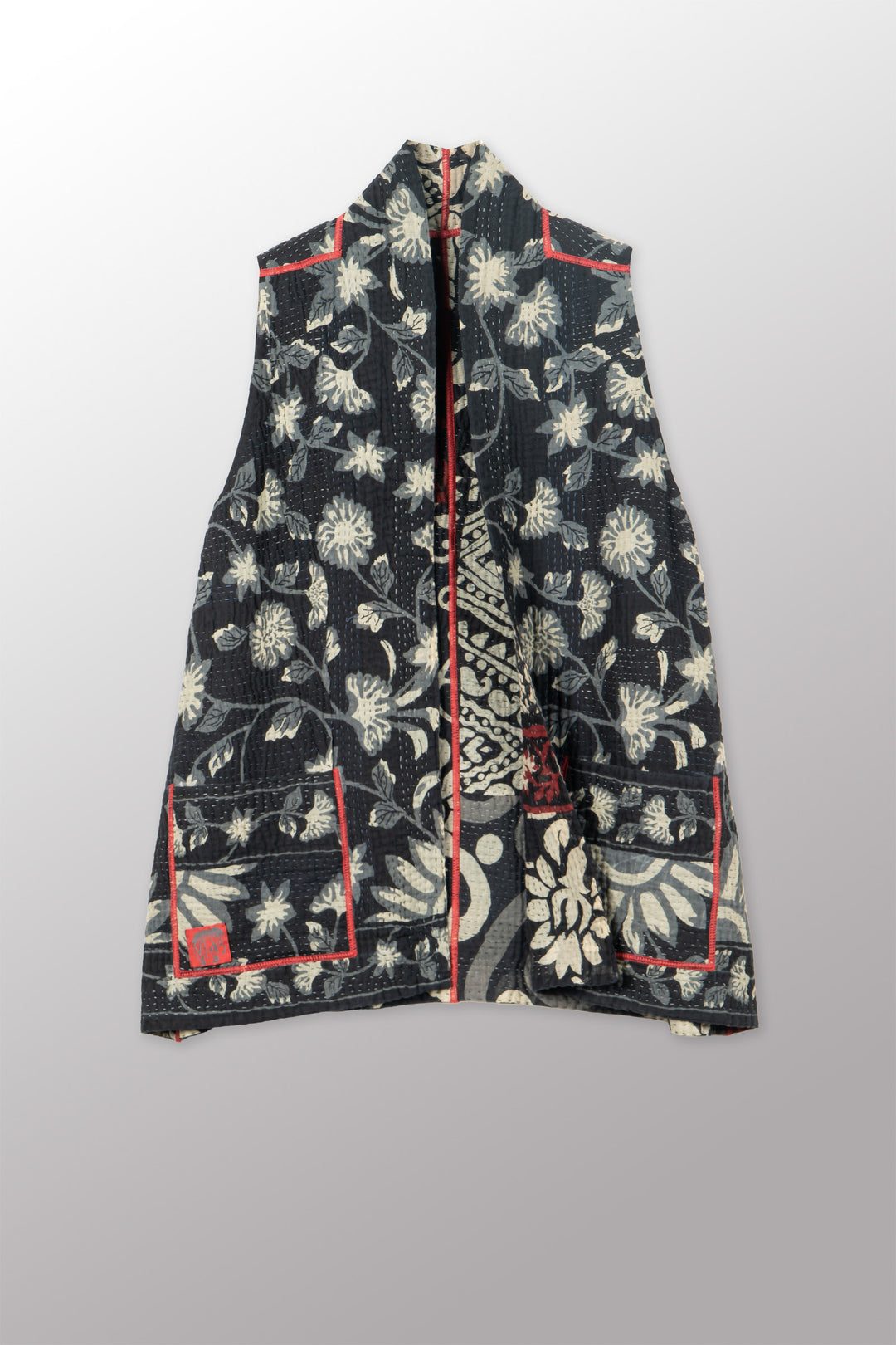 BLACK AND WHITE PRINT PATCH KANTHA KIMONO VEST SHORT - pn4248-blk -