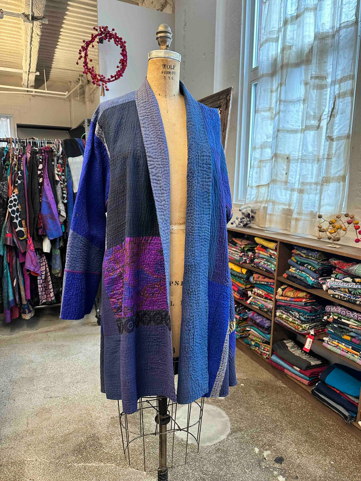 COTTON SILK SW PATCH KANTHA KIMONO LONG JKT - ws4005-blu -