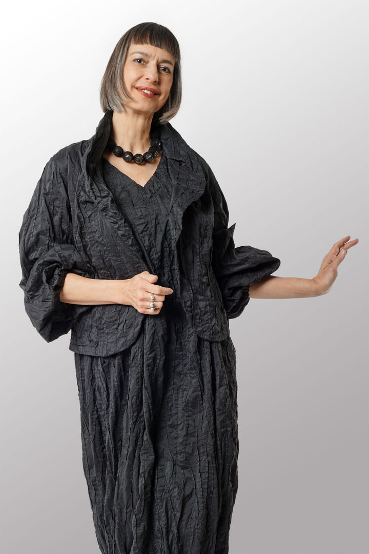 DYED COTTON SILK HEAVY VOILE RANDOM TUCK PUFF SLV. JACKET - dr1077-blk -