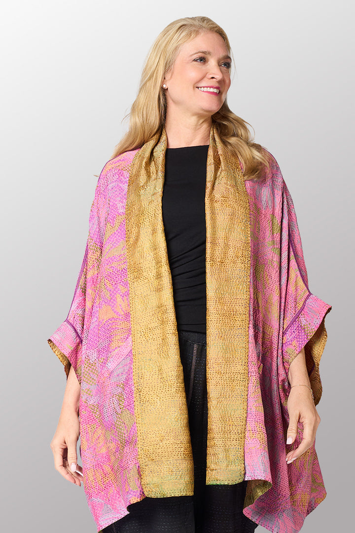 GEORGETTE JACQUARD VINTAGE SILK PATCH KANTHA DOUBLE COLLAR PONCHO - gj2323-0001a -