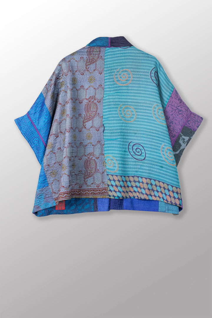 JACQUARD SILK KANTHA MINI PONCHO - js4060-blu -