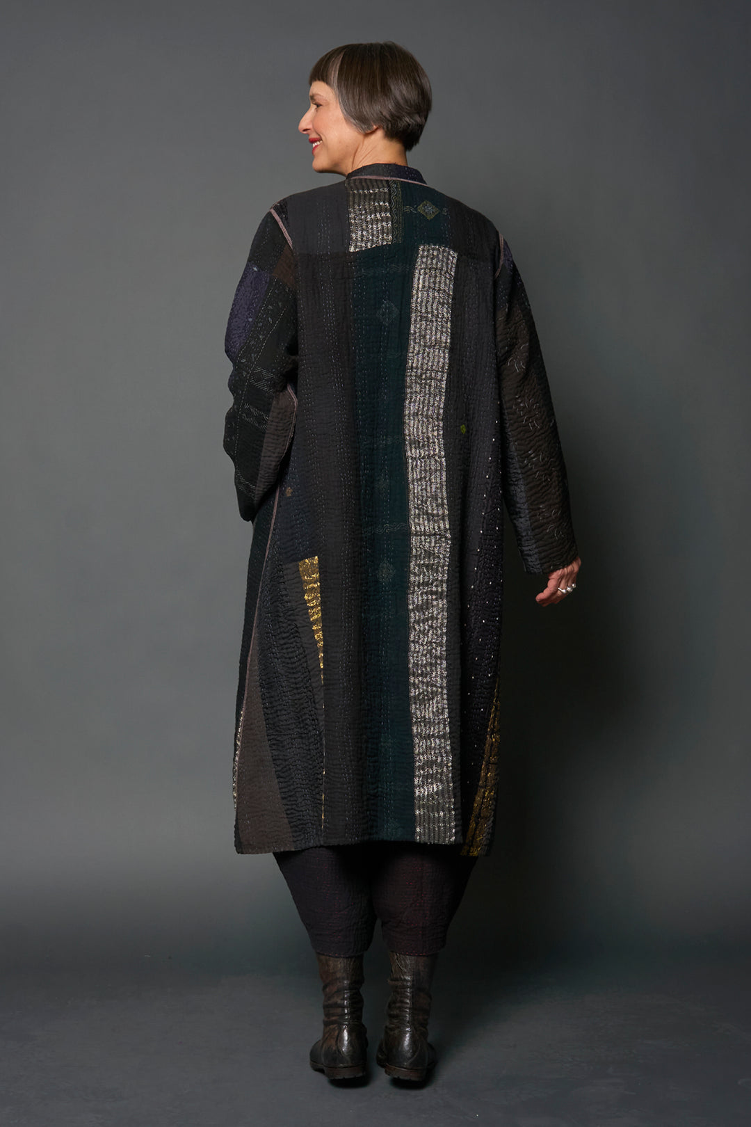 JEWEL WOVEN WITH VERTICAL PATCH KANTHA KAFTAN COAT - jv4343-blk -