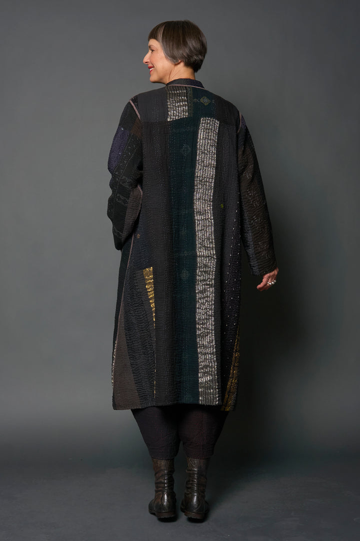 JEWEL WOVEN WITH VERTICAL PATCH KANTHA KAFTAN COAT - jv4343-blk -