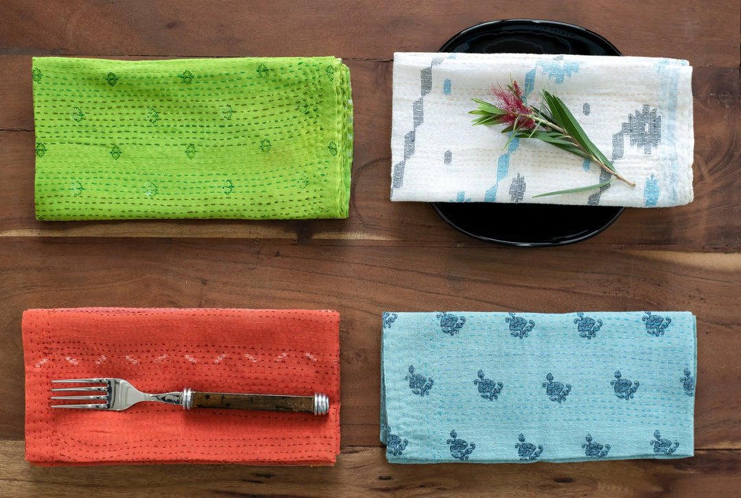 Mosaic Fray Handmade Vintage Kantha Napkin -Cauliflower (Set of 2)