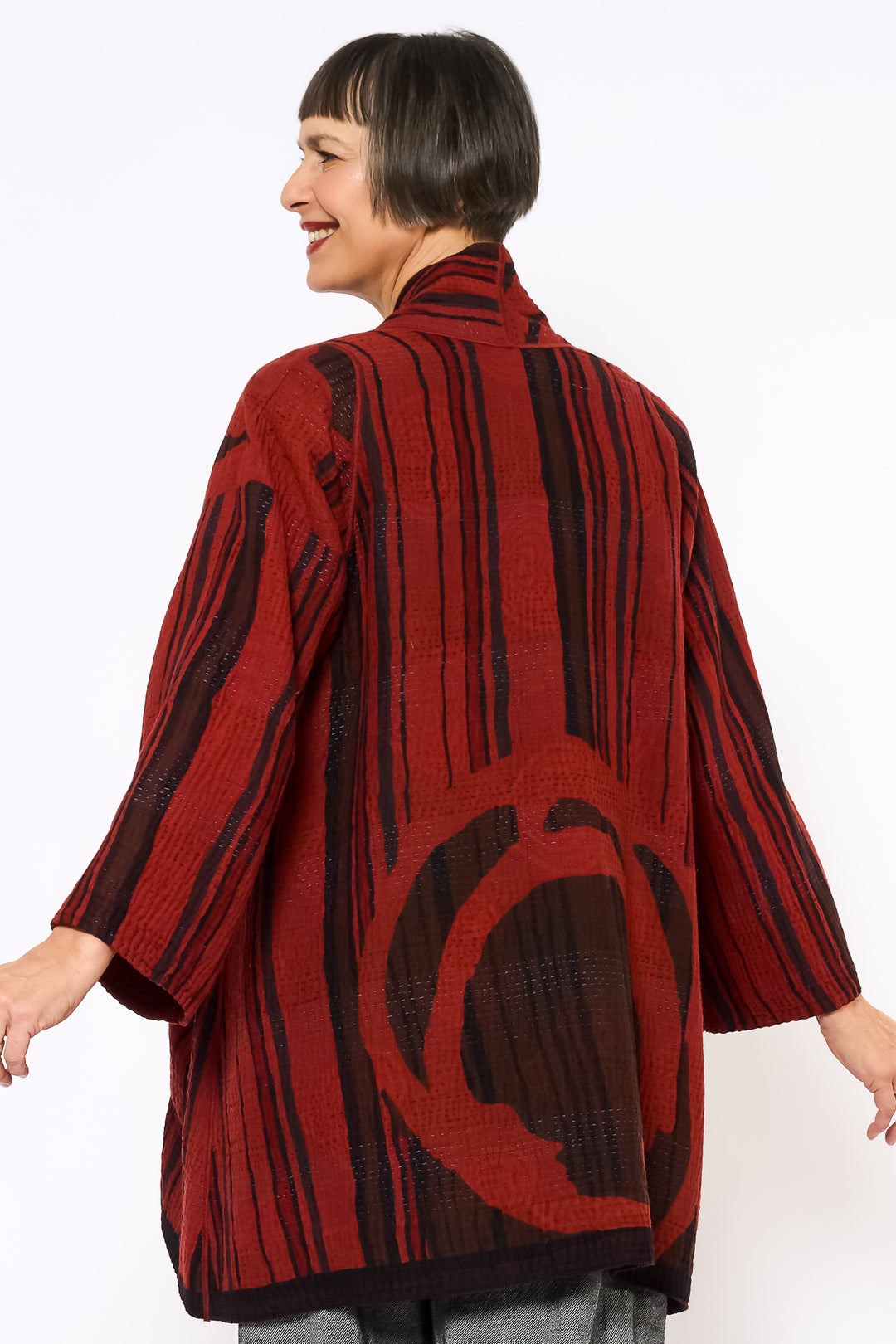 OVERDYED STRIPE AND BENDS KANTHA A-LINE JACKET - ov-sb4003-red -