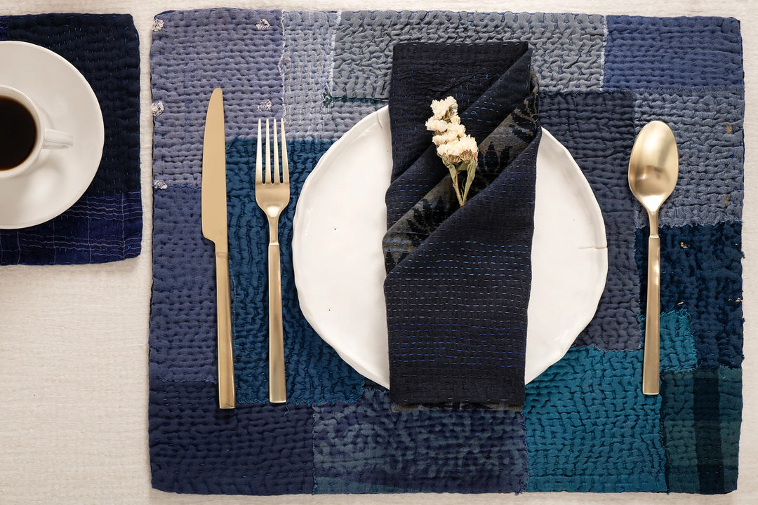 Landscape Fray Patch Vintage Kantha Placemat -Navy (Set of 2)