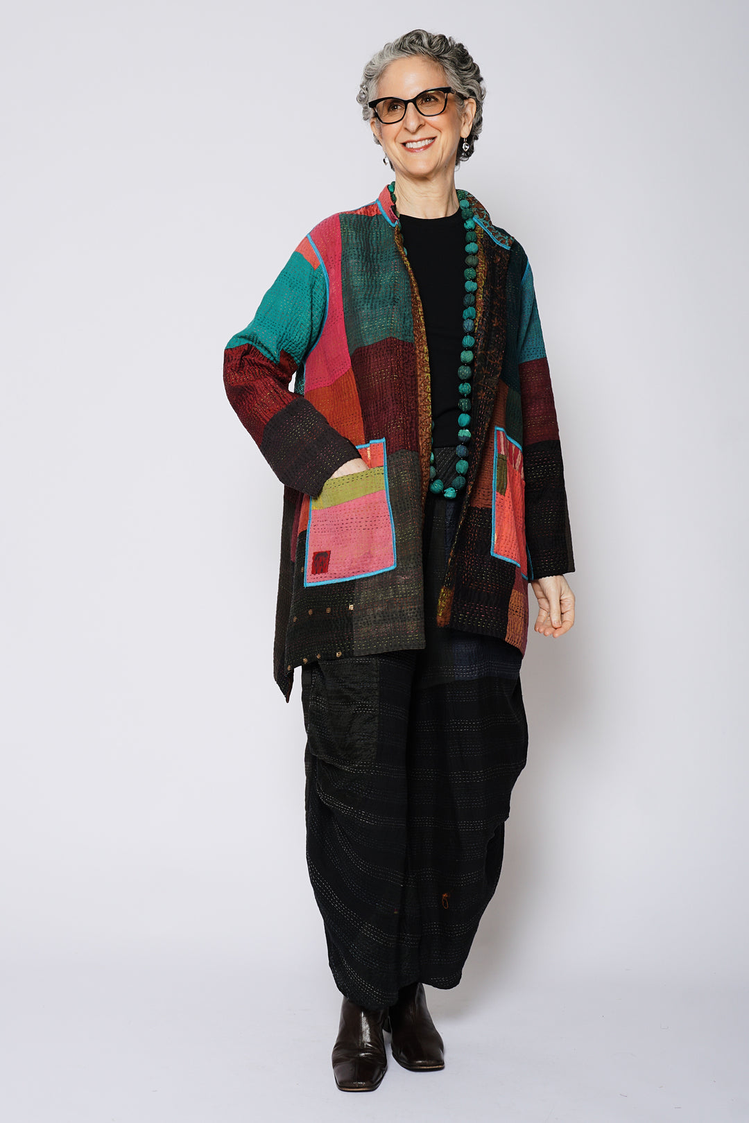 BAGH PRINT KANTHA KAFTAN JACKET MEDIUM - bg4089-brn -