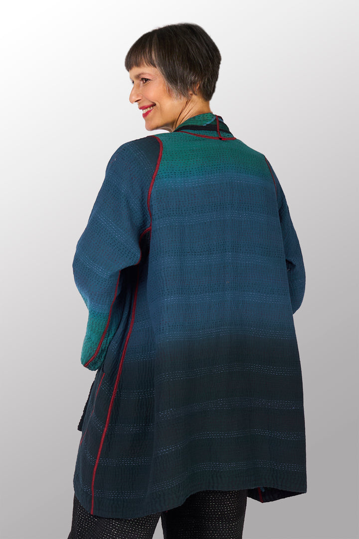 OVERDYED STRIPE AND BENDS KANTHA A-LINE JACKET - sb4003-blu -