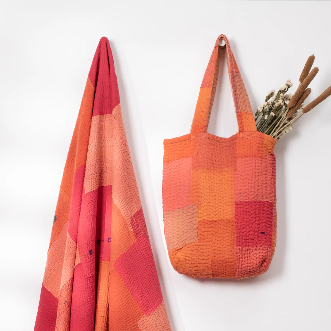 Mosaic Fray Handmade Vintage Kantha Tote Bag -Carrot