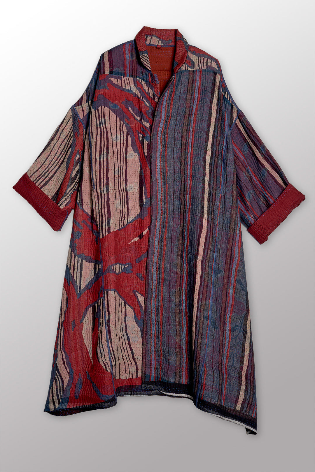 STRIPE AND BENDS KANTHA NEW OVERSIZED COAT - sb4342-red -