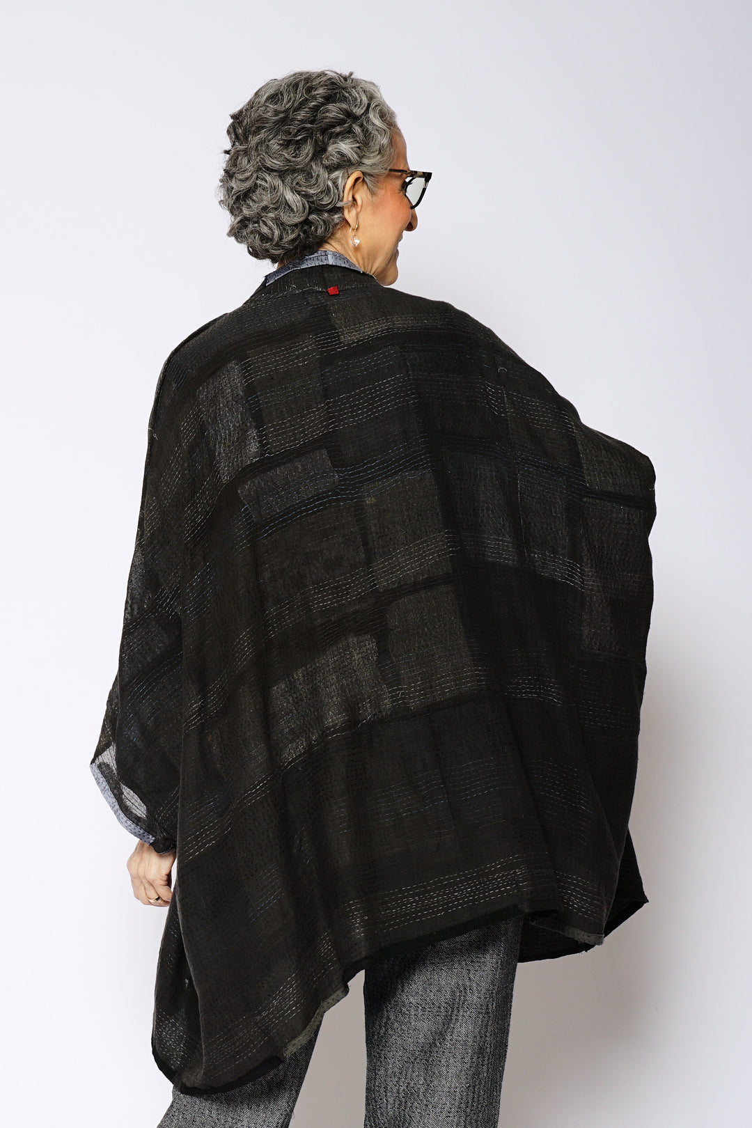 TONAL TILE PATCH KANTHA DOUBLE COLLAR PONCHO - tt2323-gry -
