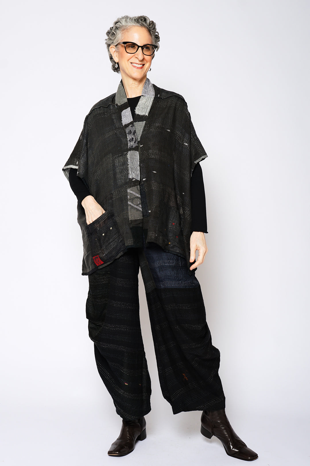 TONAL TILE PATCH KANTHA PONCHO TOP - tt2568-gry -