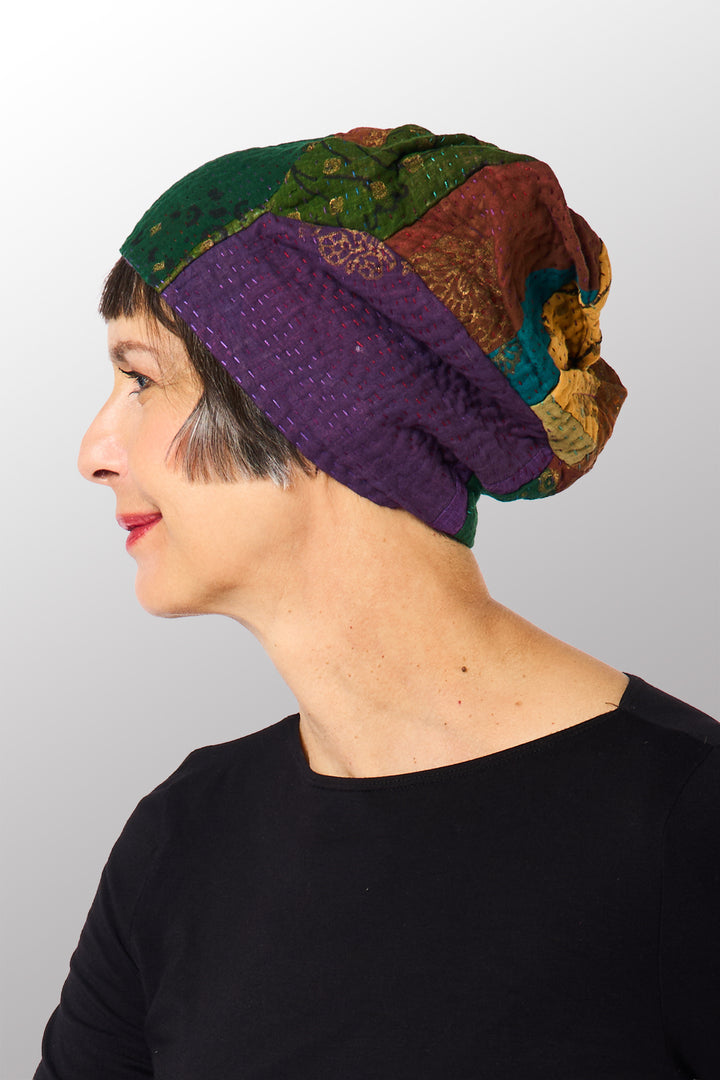 OMBRE PATCHED GOLD STAMP KANTHA PATCHWORK HAT - og4880-mlt -