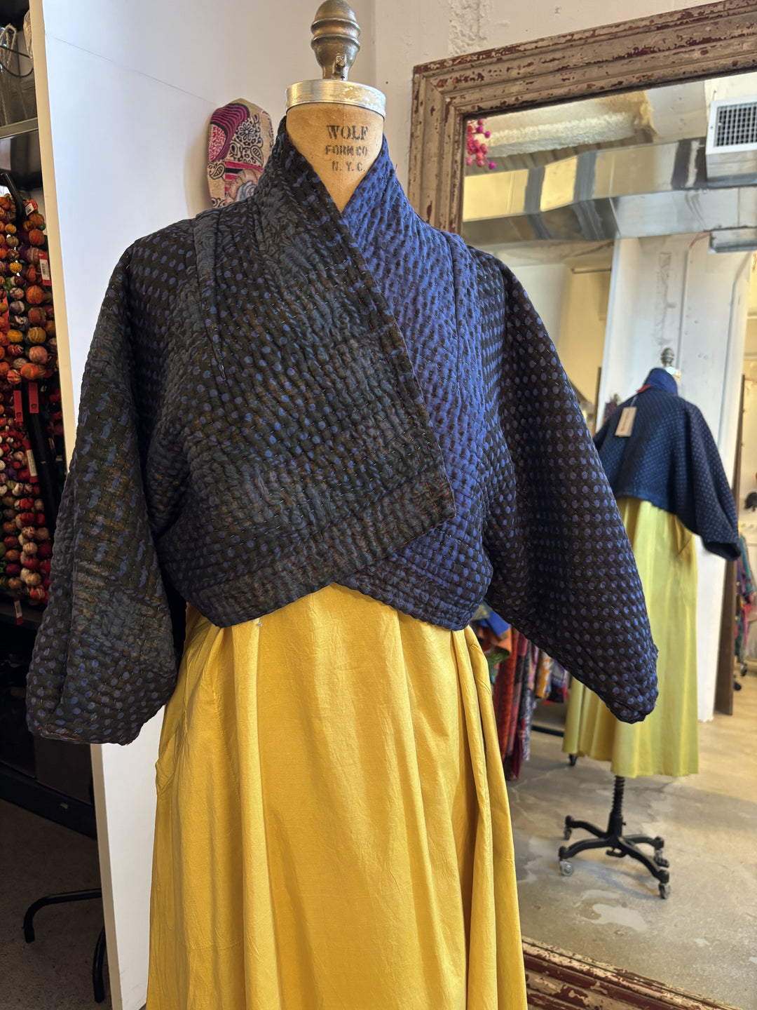 QUILTED OVERDYE COTTON KANTHA PUFF SLV. SHRUG - oq5062-blu -