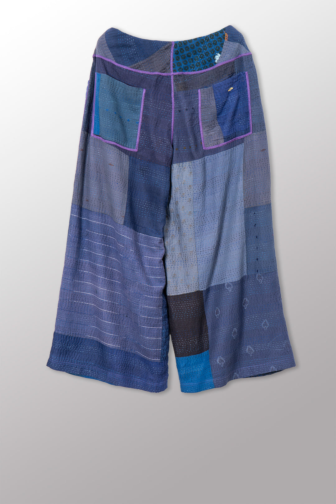 BROCADE PATCHED KANTHA MID RISE WIDE LEG PANTS - bp2665-blu -