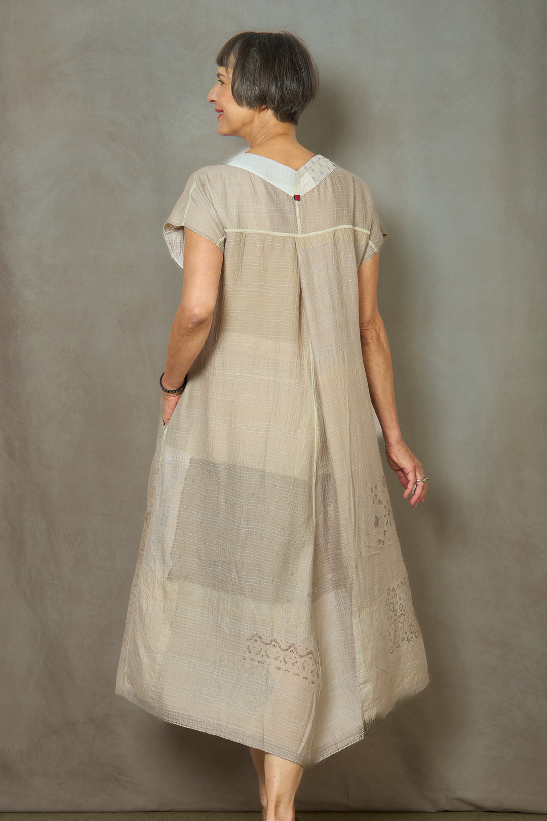 MOSAIC FRAY PATCH KANTHA V-NECK FRENCH SLV. DRESS - zb2467-ivy -
