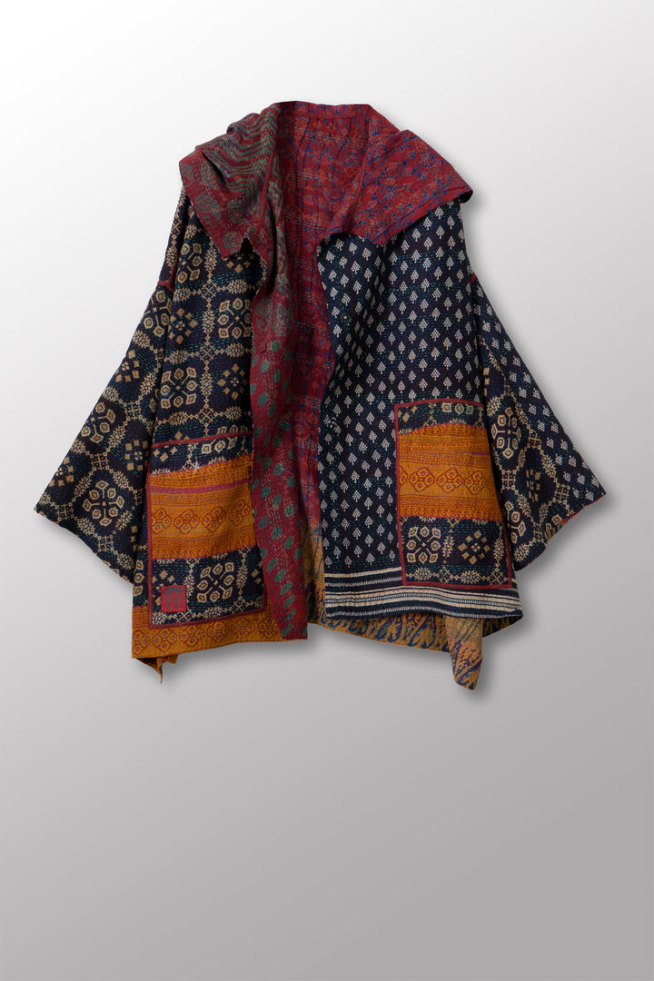 VINTAGE SILK GEORGETTE COTTON KANTHA HOODIE PONCHO - gc2064-0002a -