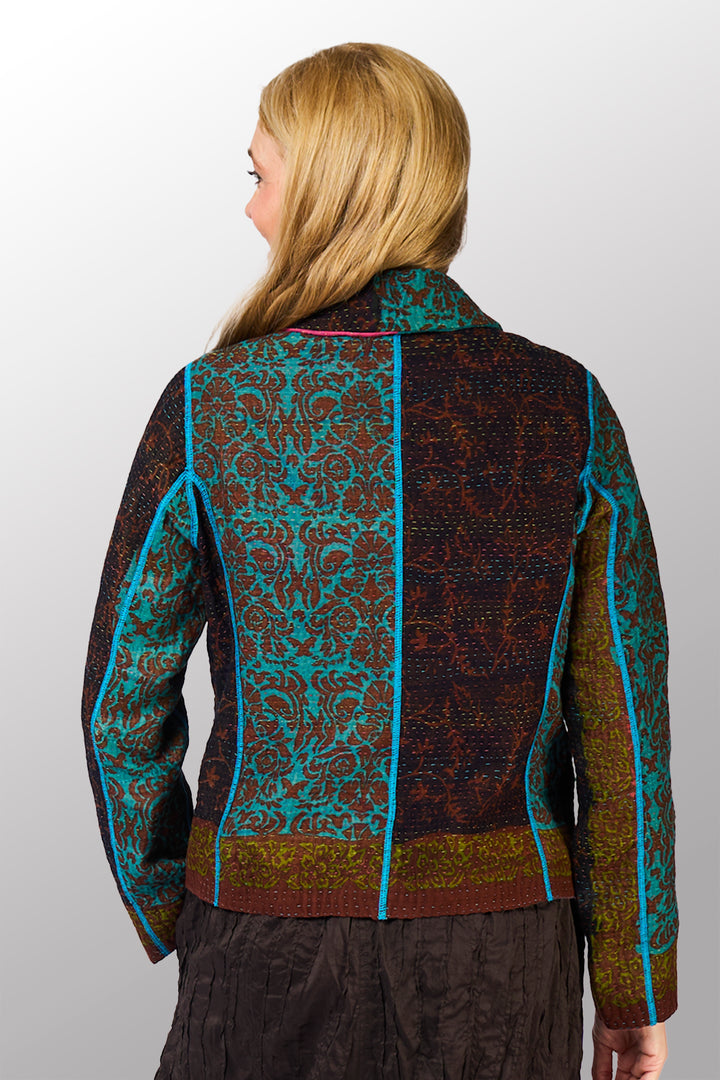 BAGH PRINT KANTHA CROPPED BASIC JACKET - bg4096-brn -