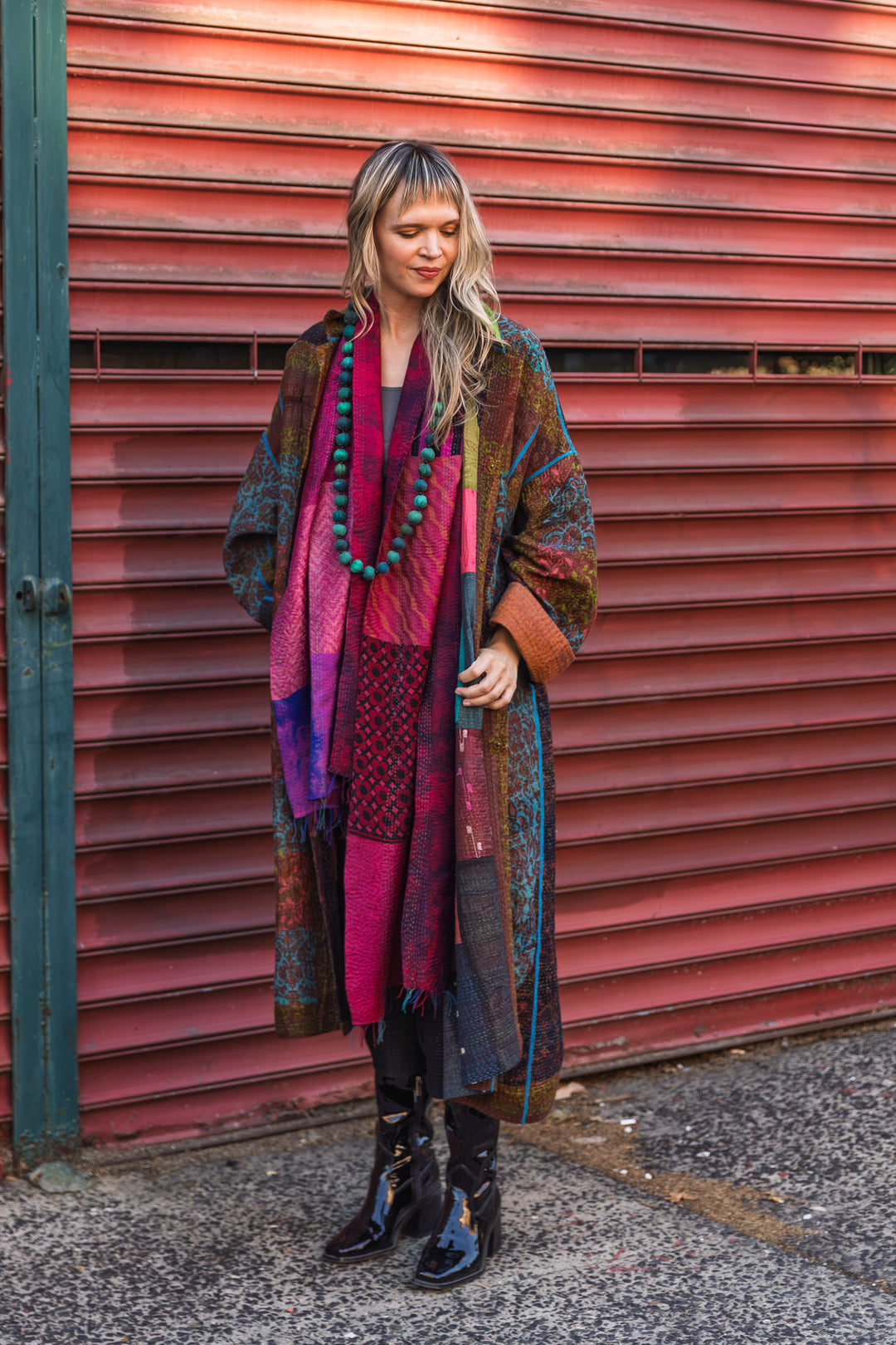BAGH PRINT KANTHA OVERSIZED COAT - bg4326-brn -