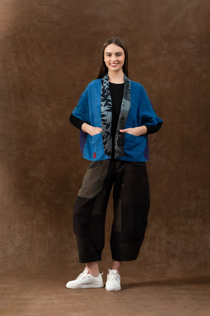 MONOTONE TWILIGHT PRINT KANTHA MINI PONCHO - tp4060-blu -