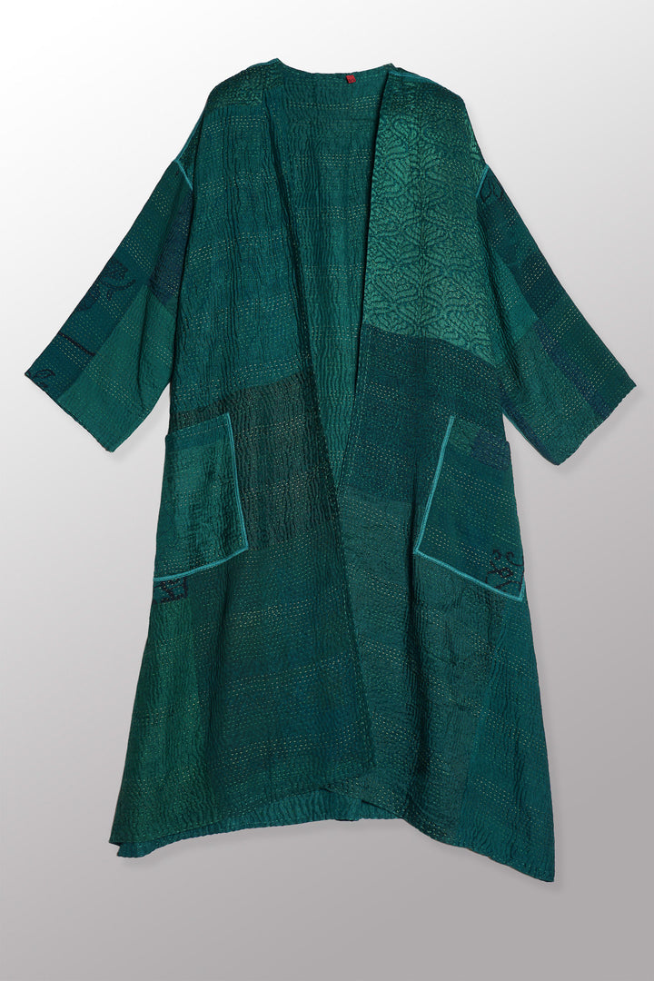 GEORGETTE JACQUARD VINTAGE SILK PATCH KANTHA LONG DUSTER - gj4328-grn -