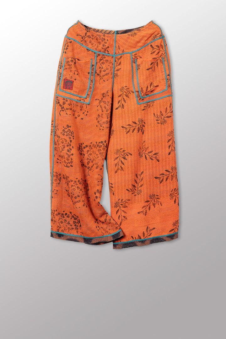 VINTAGE COTTON & NEW VOILE KANTHA MID RISE WIDE LEG PANTS - cn2665-0005s -