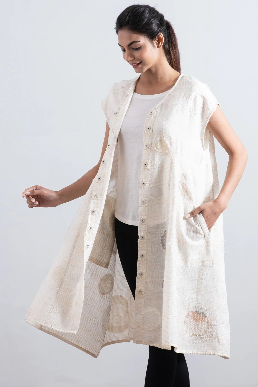 CUT THROUGH DOT AND HOLES KANTHA SNAP FRONT A-LINE DRESS - cd2427-ivy -