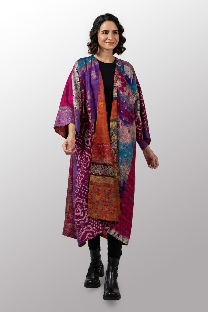 VINTAGE SILK KANTHA KIMONO MAXI - sv2318-0012a -